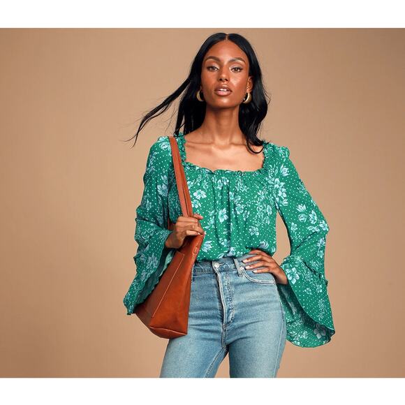 Free People Green One on One Date Long Sleeve Ruffle Scoop Neck Bodysuit Top S - Picture 12 of 12